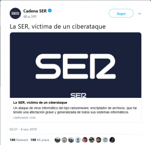 Announcement of the cyber attack on SER on the Twitter account of SER