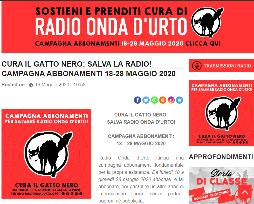 Radio Onda d'Urto has launched a campaign for subscriptions to compensate for the missing revenues