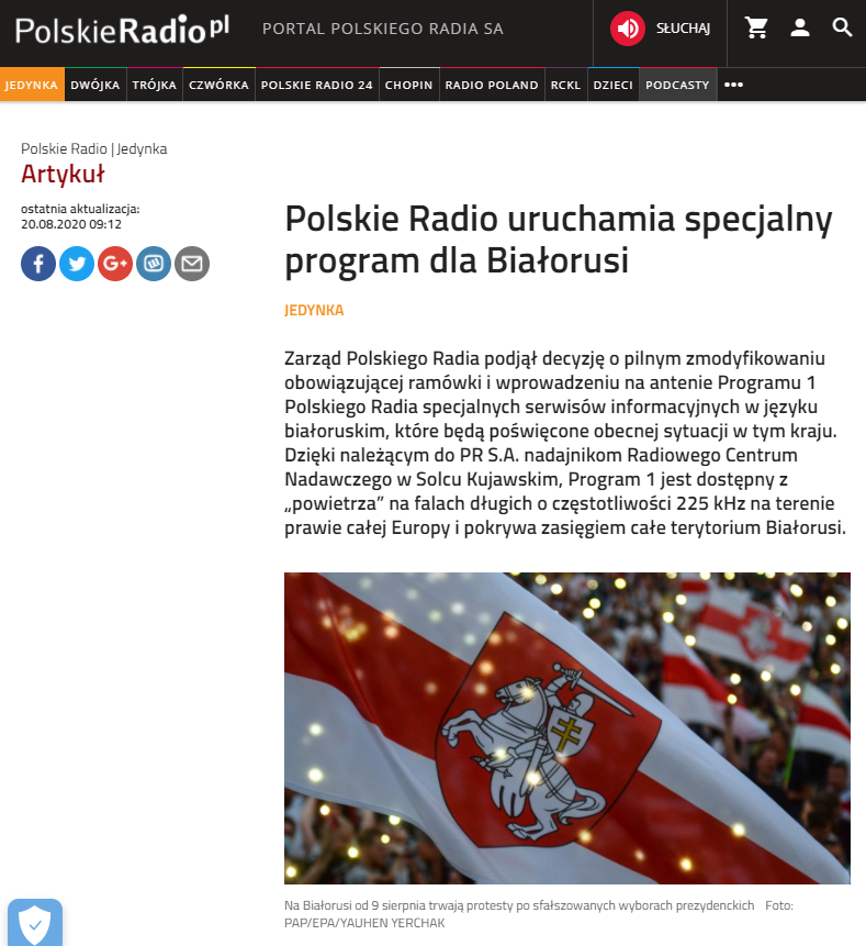 PR1, the first program of Polskie Radio, has been quick to change programming transmitted on long wave by broadcasting special news briefings about the situation following  the elections in Belarus 
