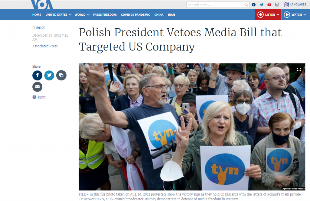 TVN is perceived by Polish citizens as a free voice, so much so that some of the demonstrators in favour of media freedom carried signs with the station's logo.