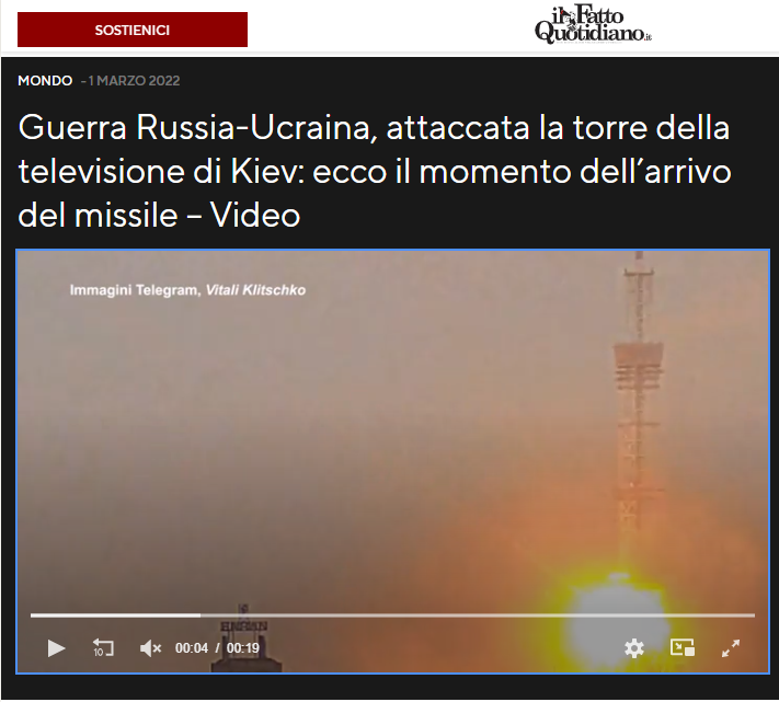 The video of the impact of a missile on the tower, posted on Telegram by Vitali Klitschko and taken up by the website of the Italian newspaper il Fatto Quotidiano