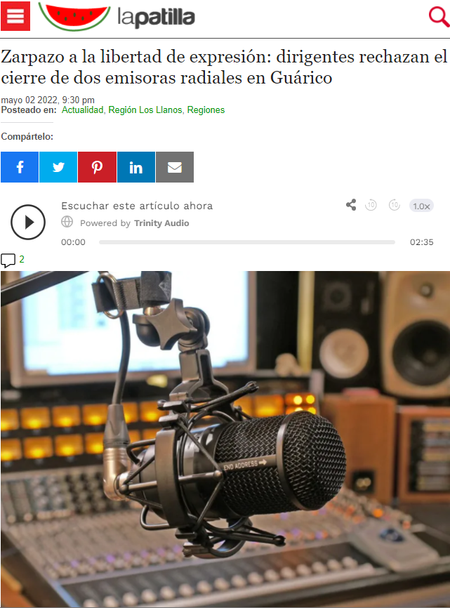 The La Patilla news agency reported on the closure of the two radio stations and the reactions of the opposition