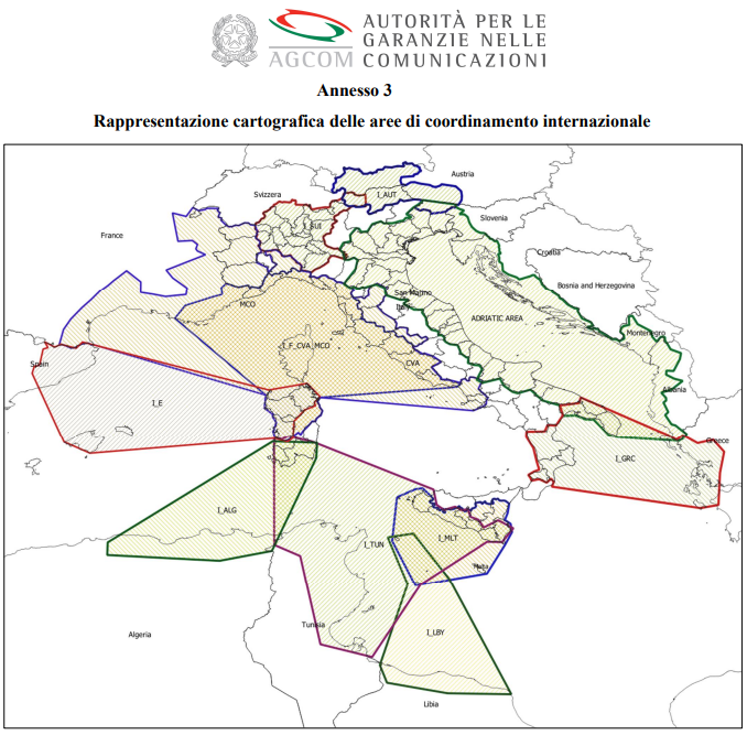 The map produced by Agcom divides the Italian peninsula into various interference zones: in each one, international coordination with neighbouring countries exposed to possible interference is required