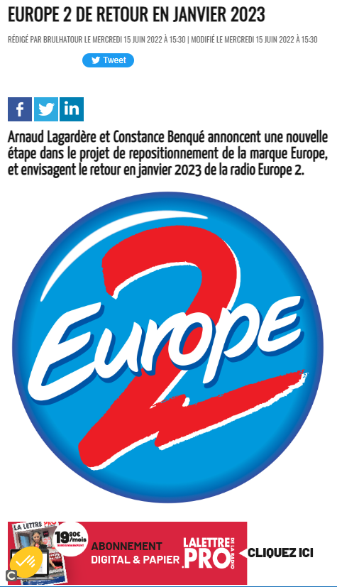 EUROPE 2 RETURNS AFTER FIFTEEN YEARS