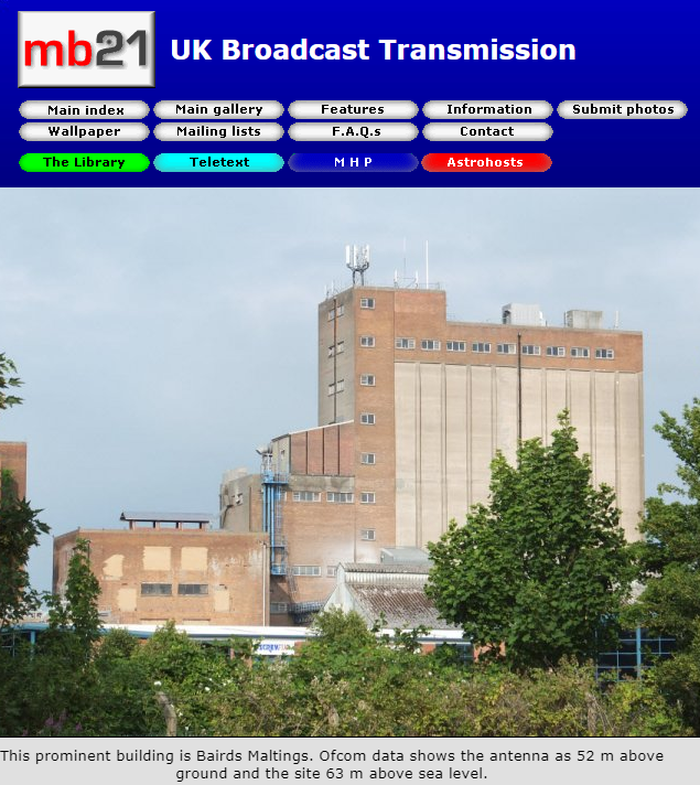On the MB21 site, created by Mike Brown, we found a photo of the old malt factory that housed Gravity FM's antennas