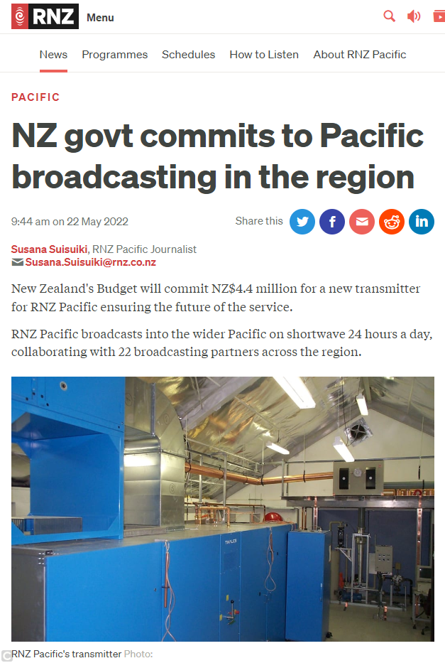 Radio New Zealand's current outdated transmitter will be replaced: the New Zealand government allocated NZ$4.4 million (about US$2.5 million) in May
